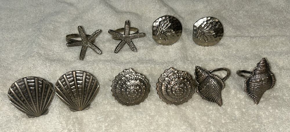 BV Beaulieu Vineyards SEA SHELLS Pewter NAPKIN RINGS Set of 6 MINT Plus Extra 4